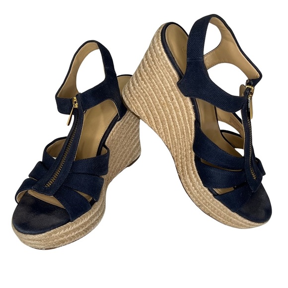 Michael Kors Sandals Berkley Canvas Jute Wedge Zipper Platform Navy Blue Tan 8 M - Picture 6 of 16